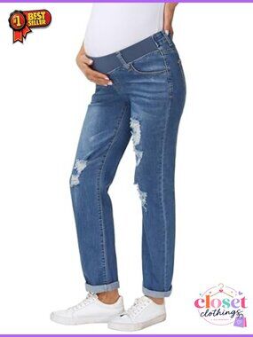 Maternity Ripped Boyfriend Jeans Low Rise Denim Pants